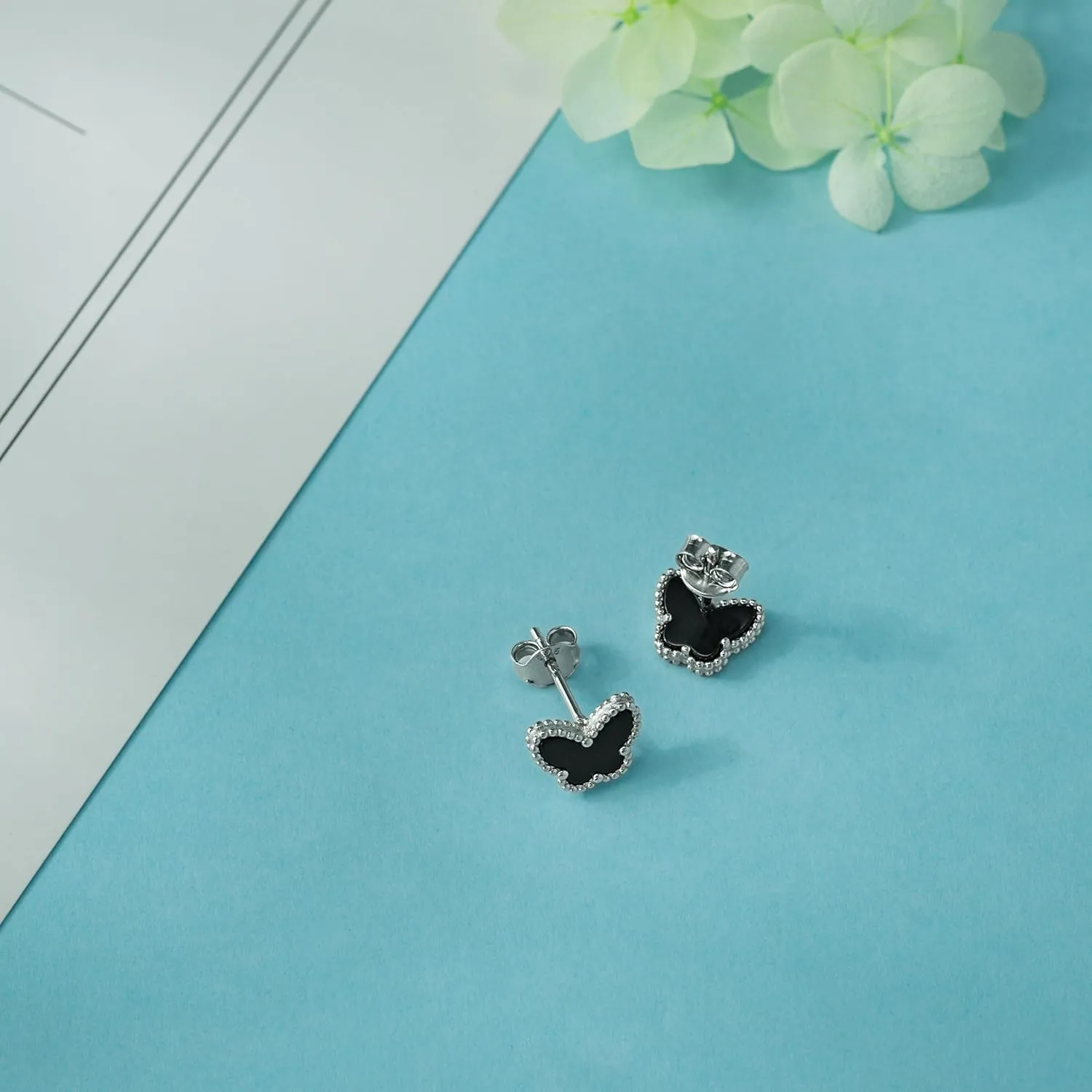 Butterfly Earrings 925 Sterling Silver,Black Onyx Studs Hypoallergenic Jewelry,Elegant Gift Set for Women