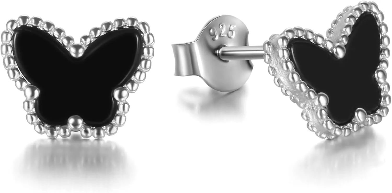 Butterfly Earrings 925 Sterling Silver,Black Onyx Studs Hypoallergenic Jewelry,Elegant Gift Set for Women