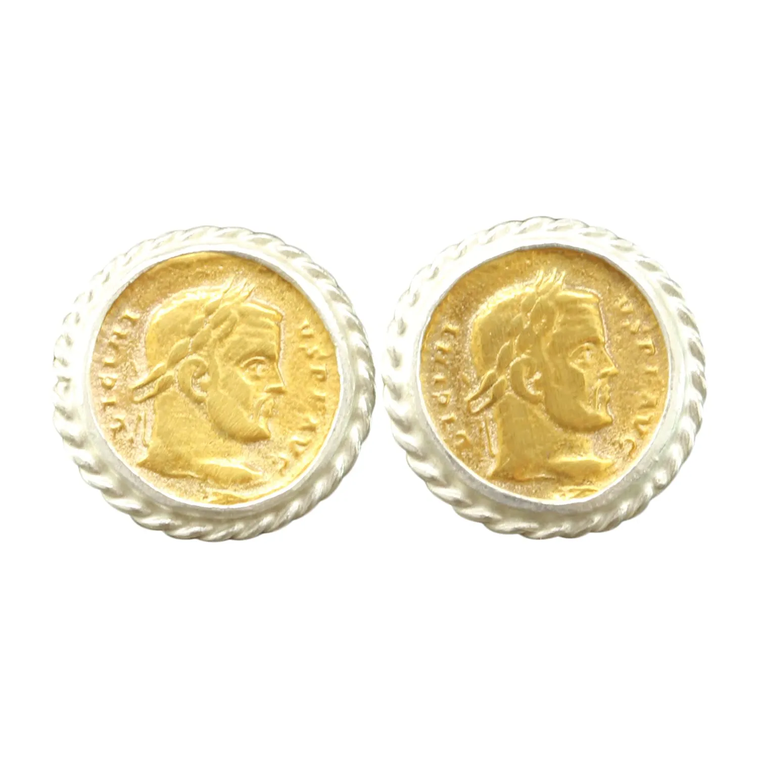 Caprixus 925 Sterling Silver Stud Earrings for Women 24K Gold Vermeil 2 Tone Gold and Silver Designer Handmade Rope Coin Minimalist Jewelry for Women Ancient Roman Greek Art Turkish Fine Jewelry