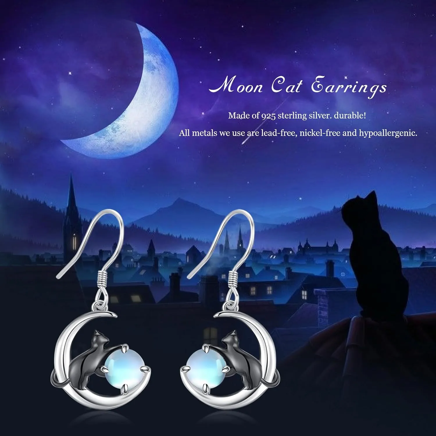 Cat Earrings 925 Sterling Silver Animal Black Cat Earrings with Moss Agate Cat Jewelry Gifts for Women Cat Lovers