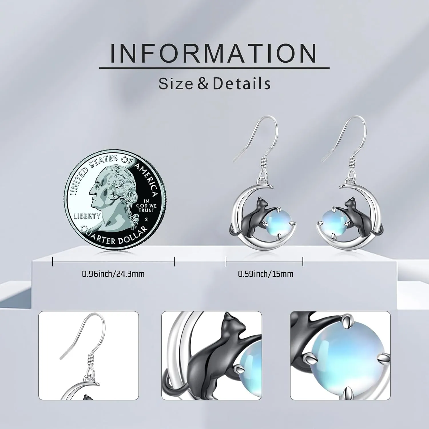 Cat Earrings 925 Sterling Silver Animal Black Cat Earrings with Moss Agate Cat Jewelry Gifts for Women Cat Lovers