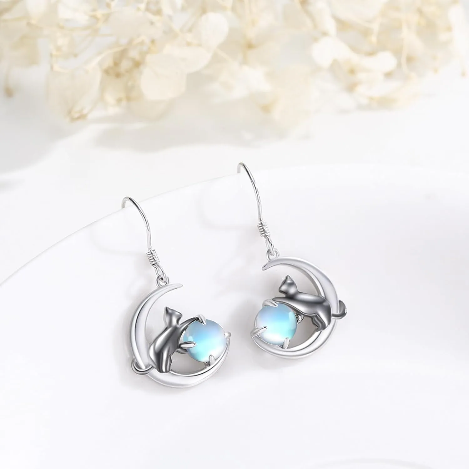 Cat Earrings 925 Sterling Silver Animal Black Cat Earrings with Moss Agate Cat Jewelry Gifts for Women Cat Lovers
