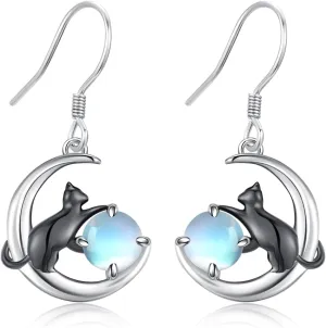 Cat Earrings 925 Sterling Silver Animal Black Cat Earrings with Moss Agate Cat Jewelry Gifts for Women Cat Lovers