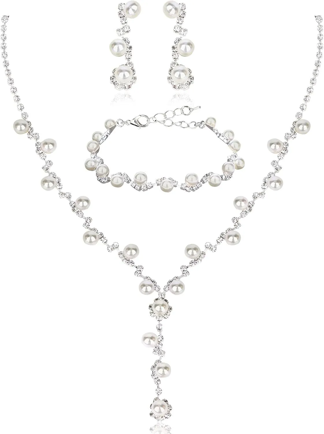 CAVETEE Elegant Wedding Necklace Earrings Bracelet Crystal Bridal Jewelry Set, White Pearl Bridal Jewelry Set for Women