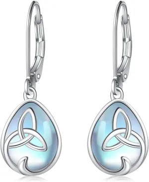 Celtic Moonstone/Moss Agate Sterling Silver Irish Knot Earrings - Hypoallergenic Leverback Moonstone Jewelry Gifts for Women