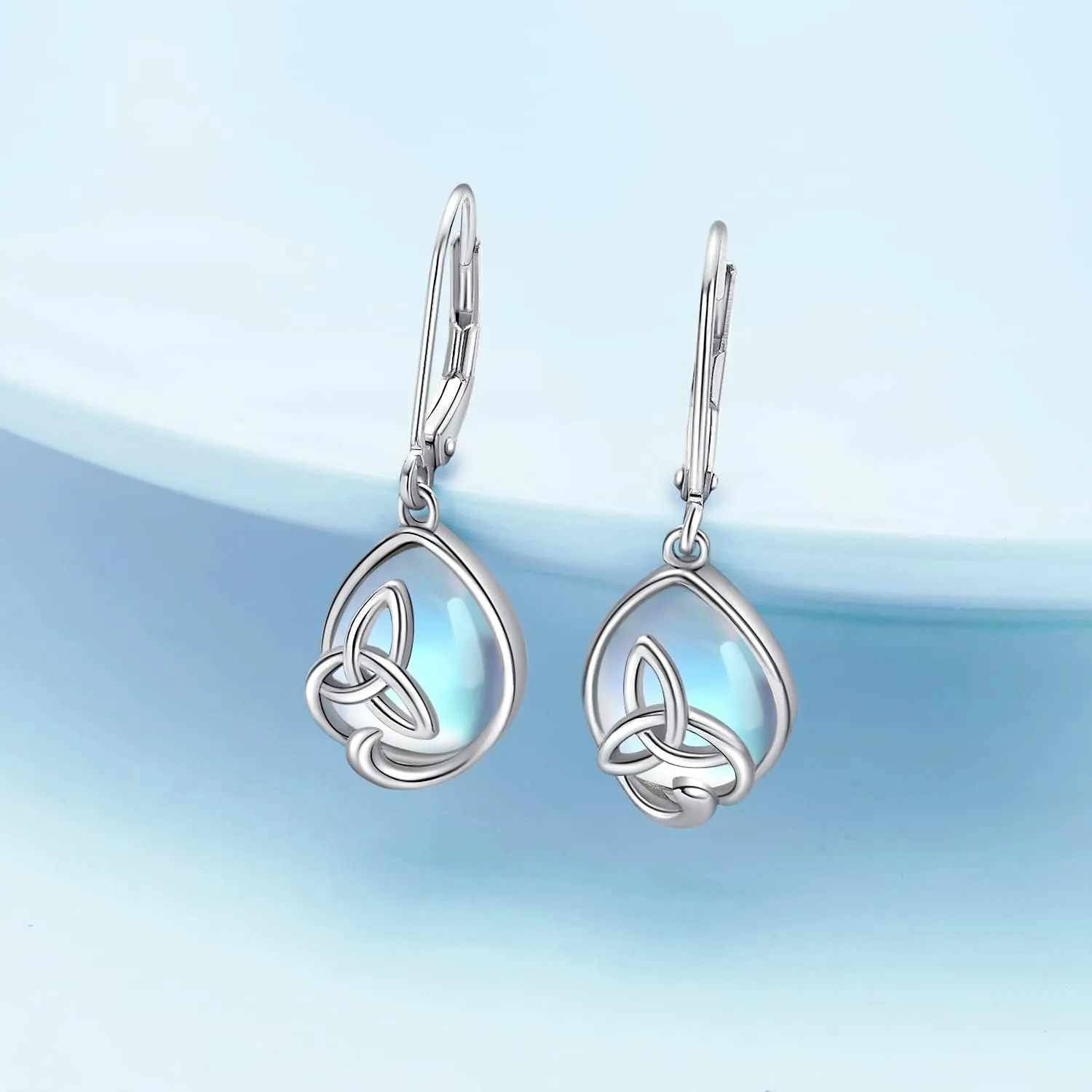 Celtic Moonstone/Moss Agate Sterling Silver Irish Knot Earrings - Hypoallergenic Leverback Moonstone Jewelry Gifts for Women