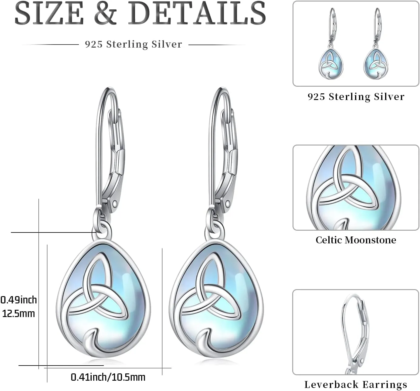 Celtic Moonstone/Moss Agate Sterling Silver Irish Knot Earrings - Hypoallergenic Leverback Moonstone Jewelry Gifts for Women