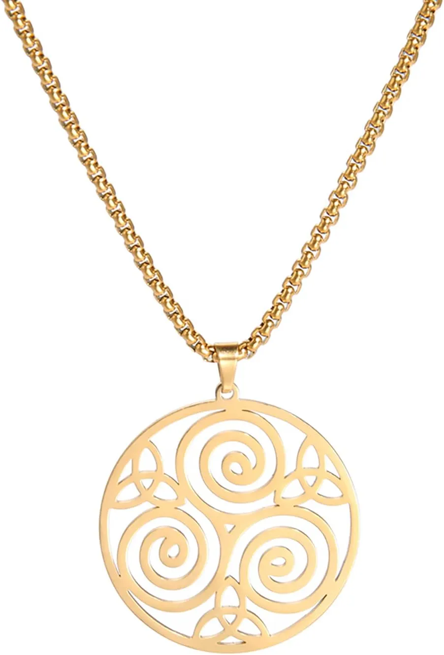 Celtic Triskele Triskelion Pendant Necklace for Men Women Triple Spiral Round Necklace Stainless Steel Celtic Trinity Knot Symbol Jewelry Gift