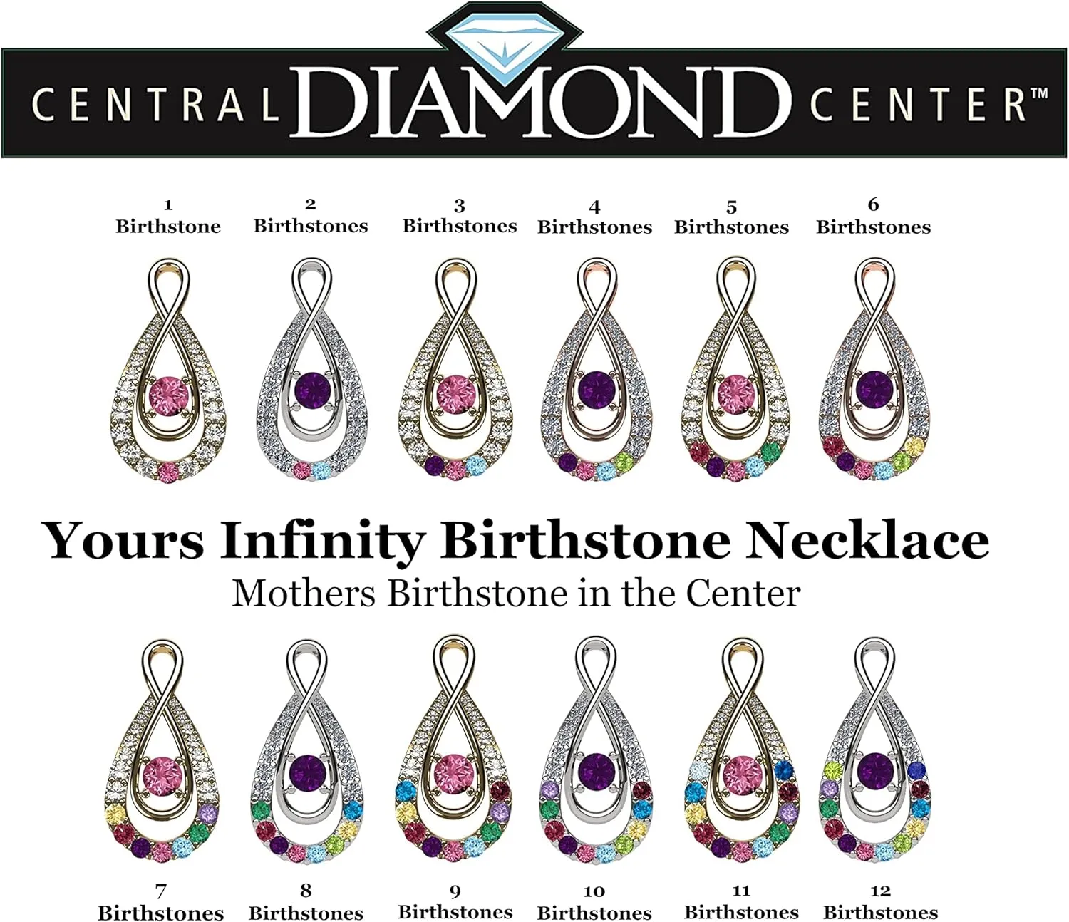Central Diamond Center Yours Infinity Mother & Child Birthstone Necklace w/ 1 to 12 Stones in Silver, 10K, or 14K Gold