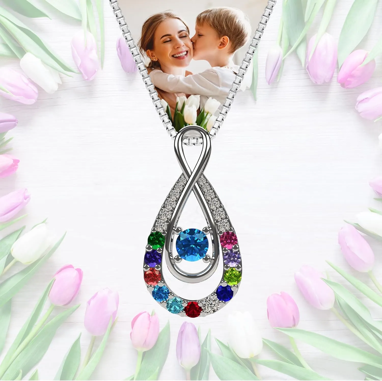 Central Diamond Center Yours Infinity Mother & Child Birthstone Necklace w/ 1 to 12 Stones in Silver, 10K, or 14K Gold