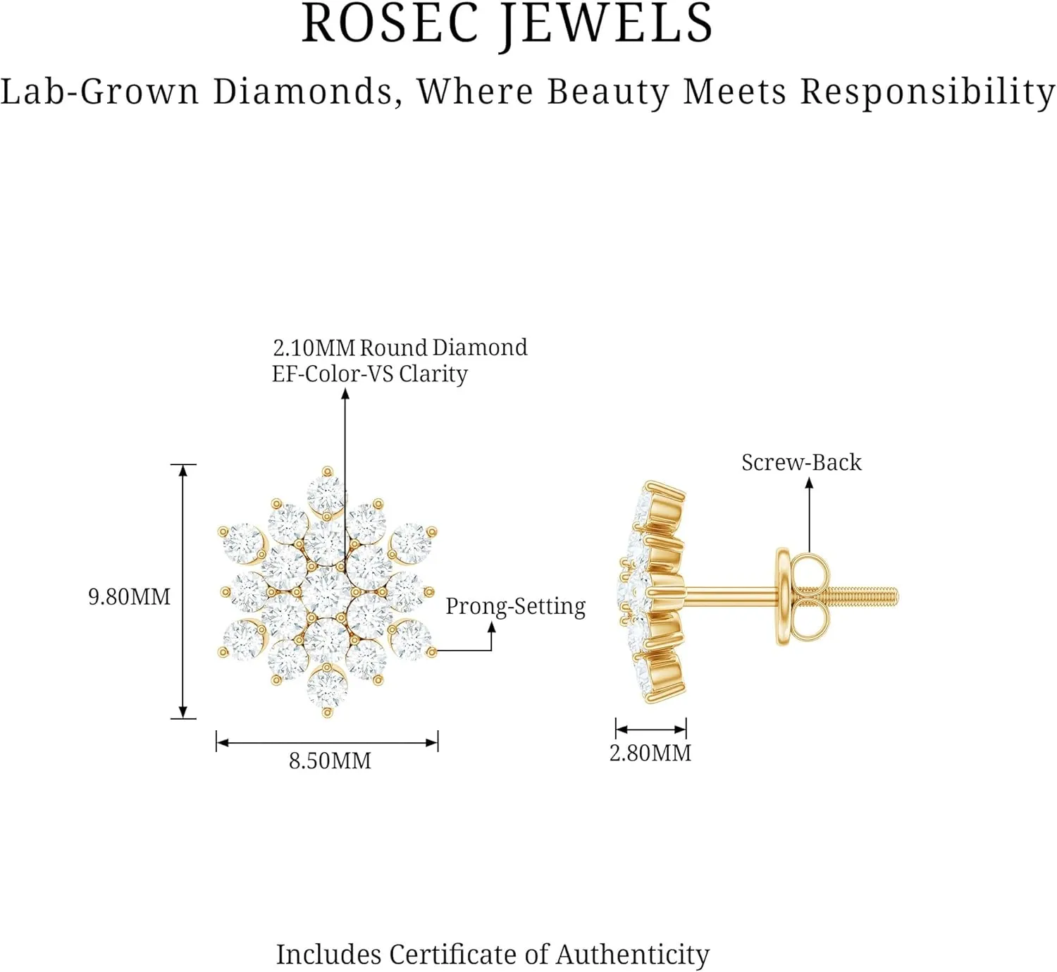 Certified Lab Grown Diamond Flower Earrings, Ef-Vs Quality, Diamond Stud Earrings With Screw Back - Ready To Gift