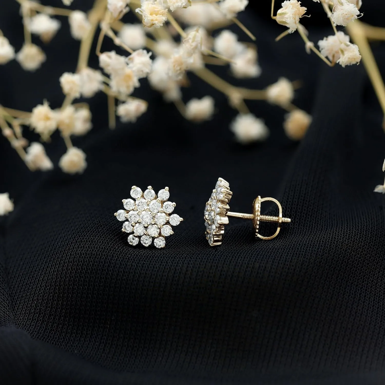 Certified Lab Grown Diamond Flower Earrings, Ef-Vs Quality, Diamond Stud Earrings With Screw Back - Ready To Gift