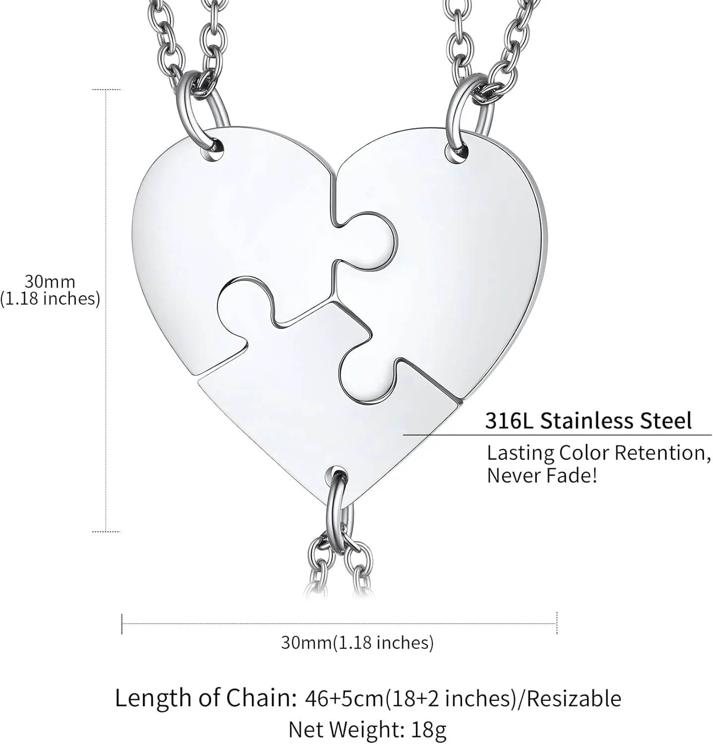 ChainsHouse Puzzle Friendship Necklace Stainless Steel BFF Necklace, 2/3/4/5/6/7/8pcs Personalized Matching Heart Pendant Friendship Necklaces for Women Men, Send Gift Box