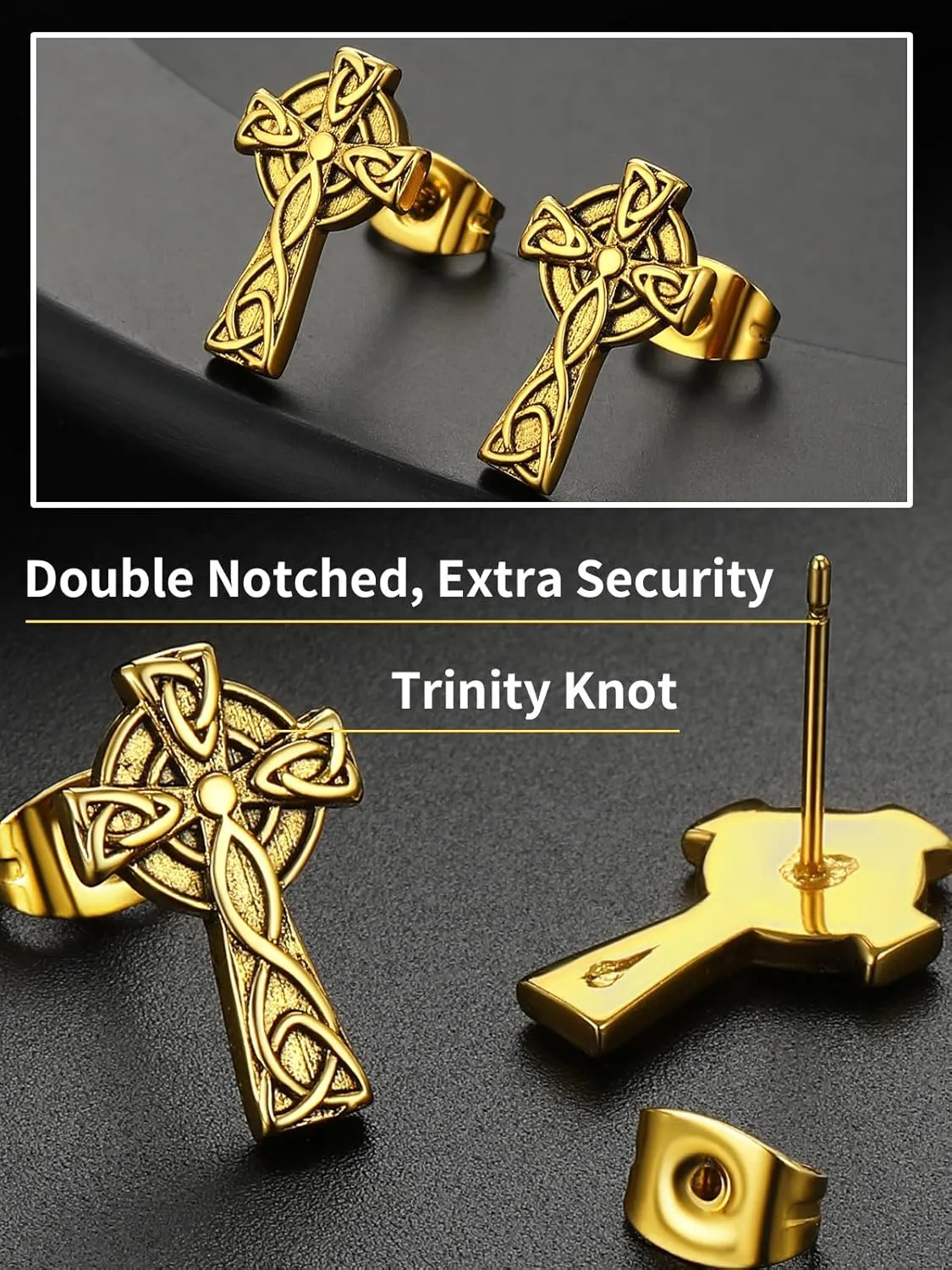 ChainsHouse Viking Earrings for Men, Raven Skull/Celtic Cross Ear Studs, Stainless Steel/Black/Gold Plated Punk Gothic Earrings, Lightweight Hypoallergenic Stud Jewelry with Gift Box