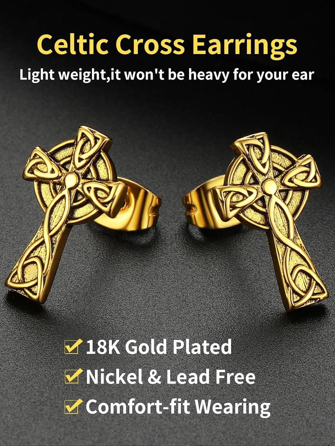 ChainsHouse Viking Earrings for Men, Raven Skull/Celtic Cross Ear Studs, Stainless Steel/Black/Gold Plated Punk Gothic Earrings, Lightweight Hypoallergenic Stud Jewelry with Gift Box
