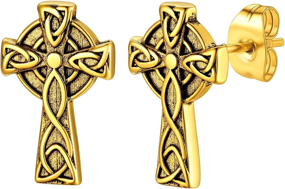 ChainsHouse Viking Earrings for Men, Raven Skull/Celtic Cross Ear Studs, Stainless Steel/Black/Gold Plated Punk Gothic Earrings, Lightweight Hypoallergenic Stud Jewelry with Gift Box