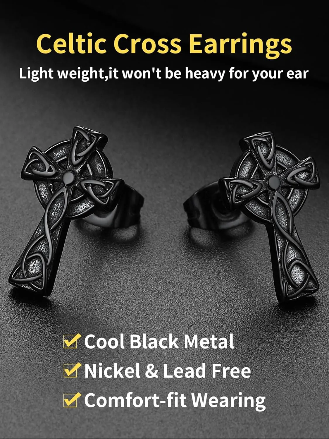 ChainsHouse Viking Earrings for Men, Raven Skull/Celtic Cross Ear Studs, Stainless Steel/Black/Gold Plated Punk Gothic Earrings, Lightweight Hypoallergenic Stud Jewelry with Gift Box