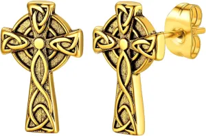 ChainsHouse Viking Earrings for Men, Raven Skull/Celtic Cross Ear Studs, Stainless Steel/Black/Gold Plated Punk Gothic Earrings, Lightweight Hypoallergenic Stud Jewelry with Gift Box