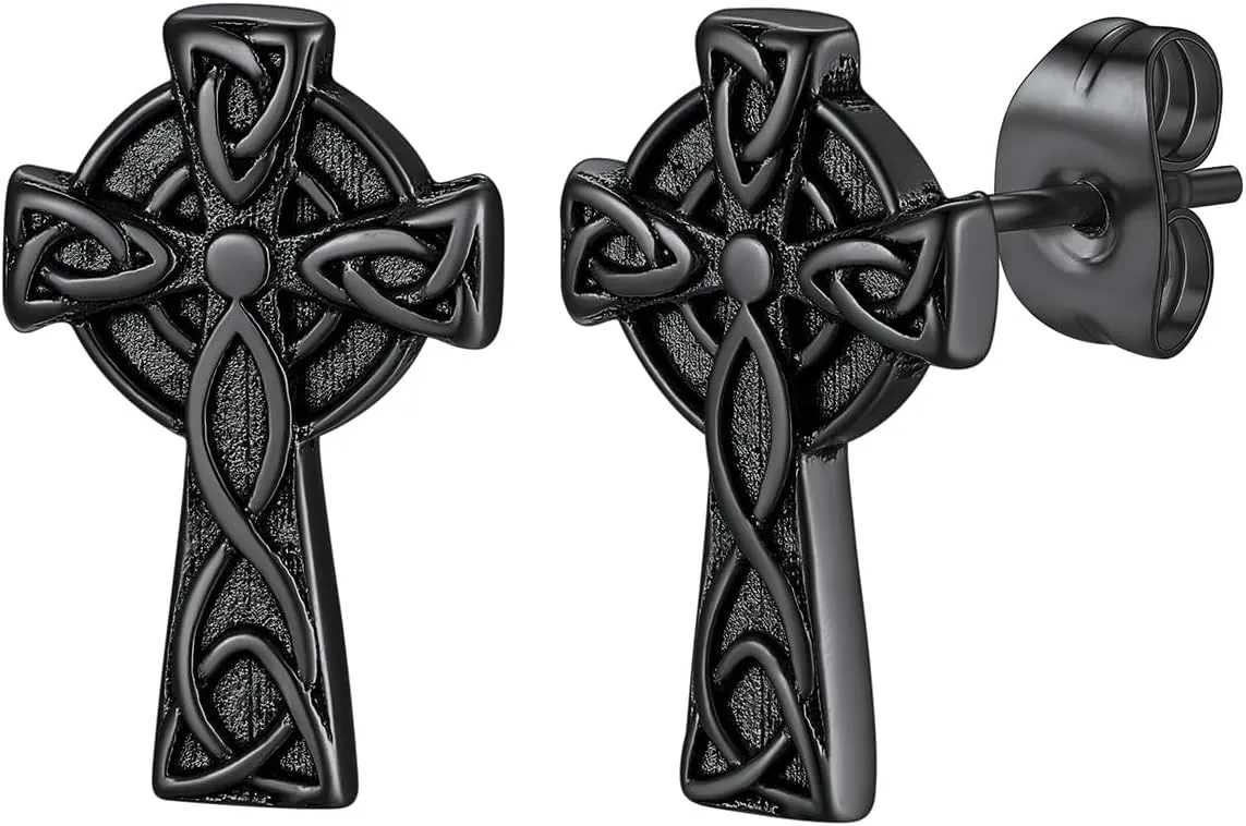 ChainsHouse Viking Earrings for Men, Raven Skull/Celtic Cross Ear Studs, Stainless Steel/Black/Gold Plated Punk Gothic Earrings, Lightweight Hypoallergenic Stud Jewelry with Gift Box