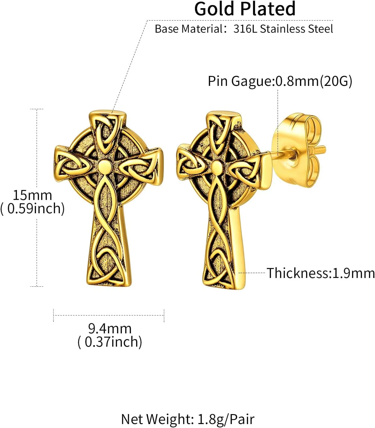 ChainsHouse Viking Earrings for Men, Raven Skull/Celtic Cross Ear Studs, Stainless Steel/Black/Gold Plated Punk Gothic Earrings, Lightweight Hypoallergenic Stud Jewelry with Gift Box