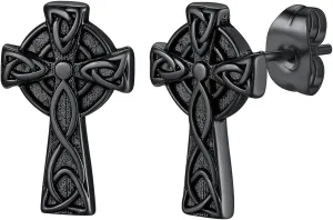 ChainsHouse Viking Earrings for Men, Raven Skull/Celtic Cross Ear Studs, Stainless Steel/Black/Gold Plated Punk Gothic Earrings, Lightweight Hypoallergenic Stud Jewelry with Gift Box