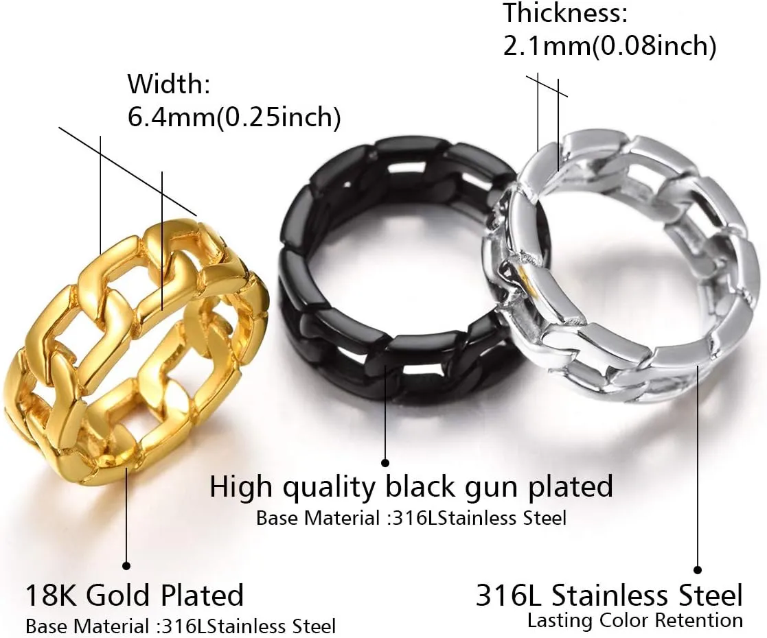 ChainsPro Fidget Ring Cuban Link/Spinner Rings for Men 18K Gold Tone/Stainless Steel/Black Cuban Ring Size #06-#12 Mens Rings