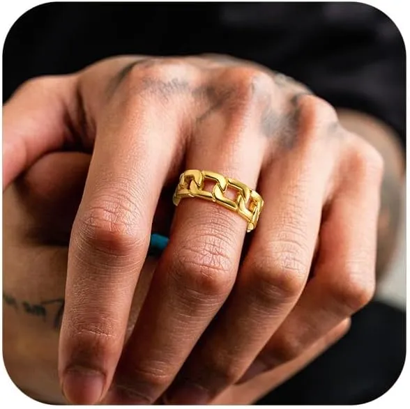 ChainsPro Fidget Ring Cuban Link/Spinner Rings for Men 18K Gold Tone/Stainless Steel/Black Cuban Ring Size #06-#12 Mens Rings