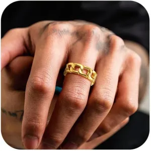 ChainsPro Fidget Ring Cuban Link/Spinner Rings for Men 18K Gold Tone/Stainless Steel/Black Cuban Ring Size #06-#12 Mens Rings