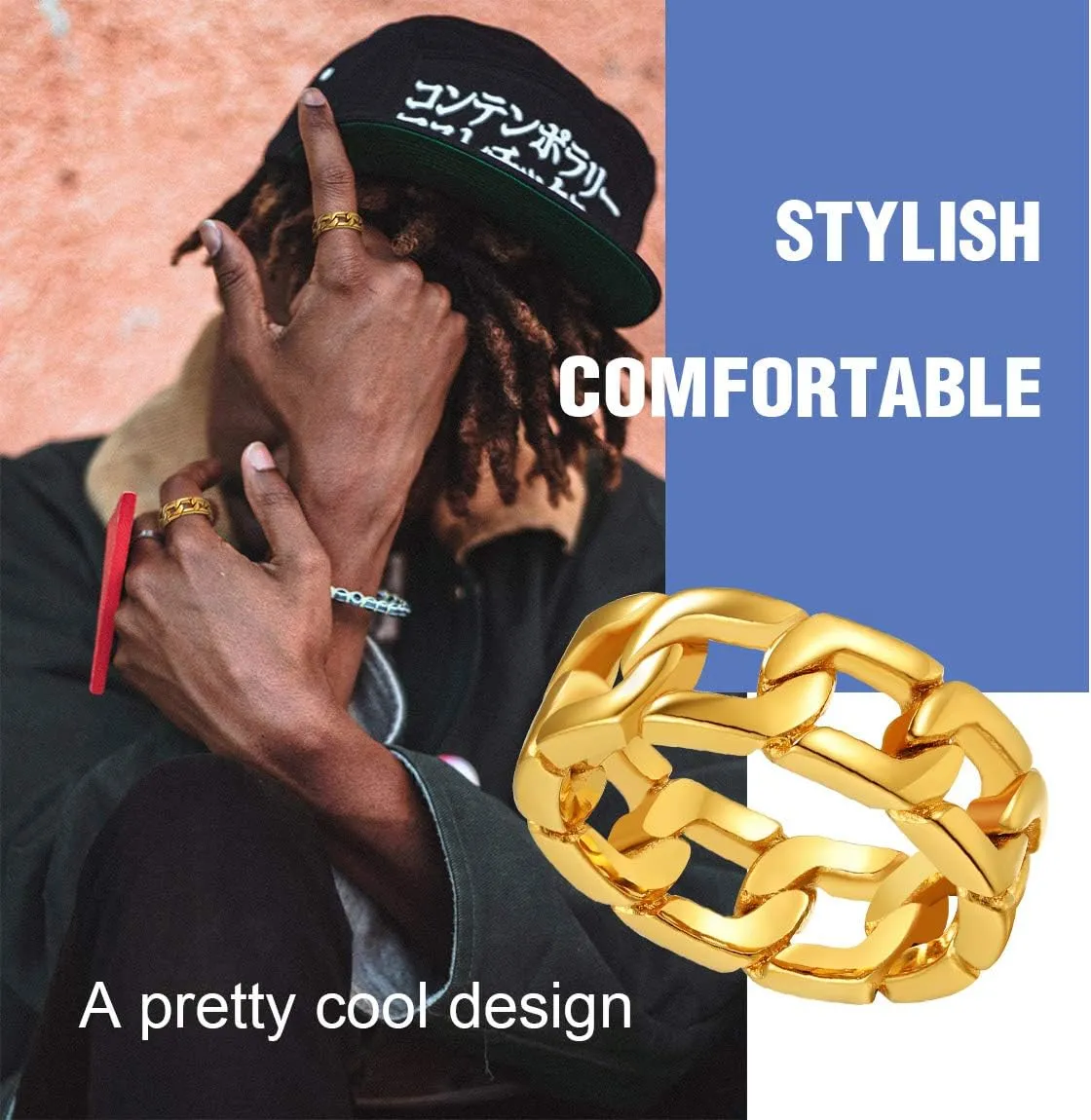 ChainsPro Fidget Ring Cuban Link/Spinner Rings for Men 18K Gold Tone/Stainless Steel/Black Cuban Ring Size #06-#12 Mens Rings