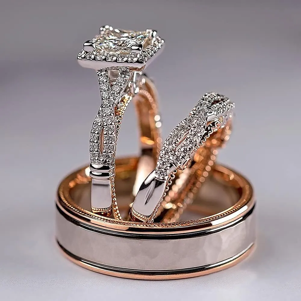 Charm Couple Rings Men Stainless Steel Rings Rhinestones Zircon Women Wedding Band Rings Set Valentine Day Jewelry AM69A (Male-10)