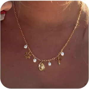 Charm Necklace for Women - Dainty Gold Paperclip Beach Charm Necklace Cute Shell Necklace Moon Star Accessory Beach Cross Hexagram Pendant Preppy Stuff Summer Jewelry for Women