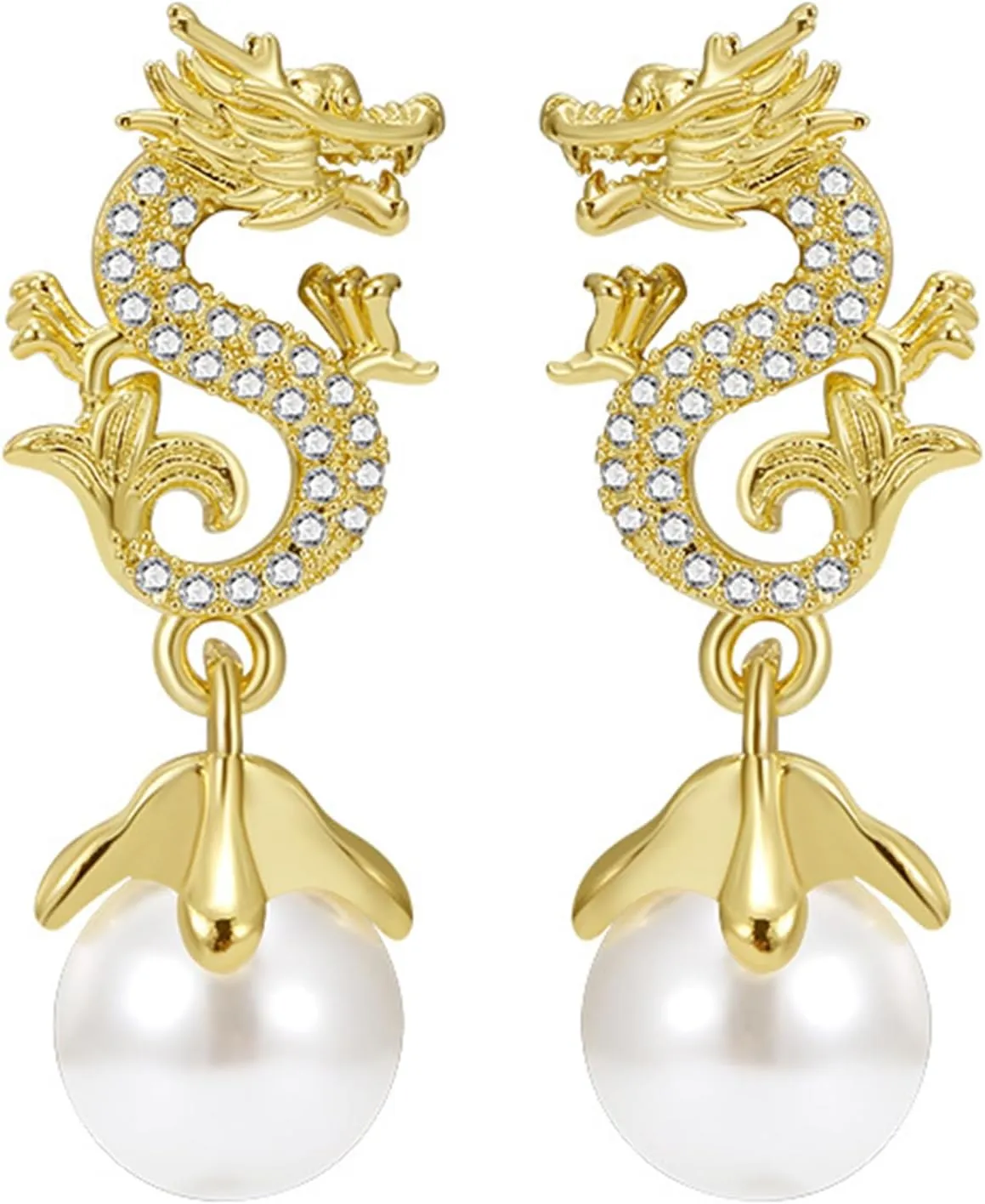 Chinese Style Dragon Earrings Vintage Punk Animal Totem Earrings Dainty Cubic Zirconia Pearl Dragon Statement Earrings Personalized Dragon Jewelry for Women