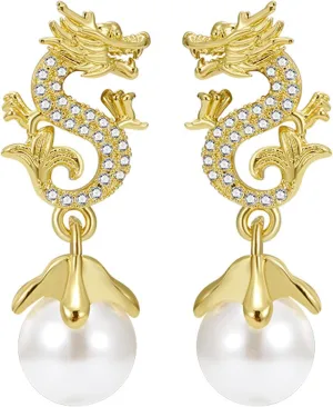 Chinese Style Dragon Earrings Vintage Punk Animal Totem Earrings Dainty Cubic Zirconia Pearl Dragon Statement Earrings Personalized Dragon Jewelry for Women
