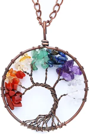 Christmas Chakras Necklace Tumbled Stones Crystals Copper Wirewrapped Tree of Life Pendant Necklace Unique Handmade Jewelry