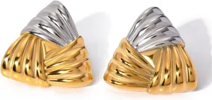 Chunky Gold and Silver Stud Earrings, Textured Thick Geometric Two Tone Studs for Women, Vintage Mixed Metal Fashion Earrings, Hypoallergenic Contrast Color Jewelry