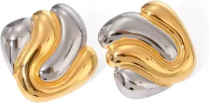 Chunky Gold and Silver Stud Earrings, Textured Thick Geometric Two Tone Studs for Women, Vintage Mixed Metal Fashion Earrings, Hypoallergenic Contrast Color Jewelry