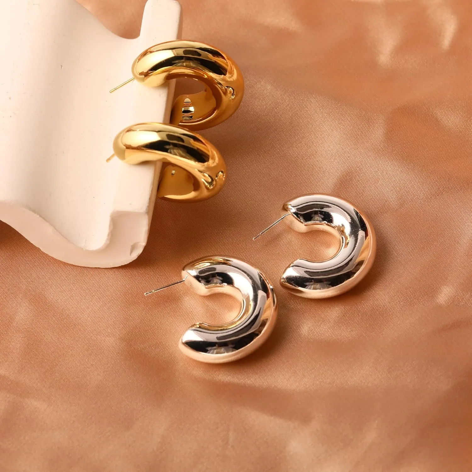 Chunky Gold Teardrop Earrings for Women, 14K Gold Plated 925 Sterling Silver Hoop Earrings Huggie Twisted Thick Chunky Gold Hoops Lightweight Hypoallergenic Earring, Trendy Fashion Jewelry