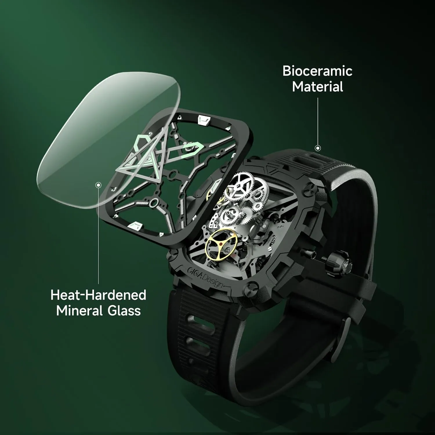 CIGA Design Automatic Watch - X Series Eye of Horus Mechanical Skeleton Watch Bioceramic Case Square Waterproof with Silicone Strap for Men and Women Gift, Analog Display Timepiece