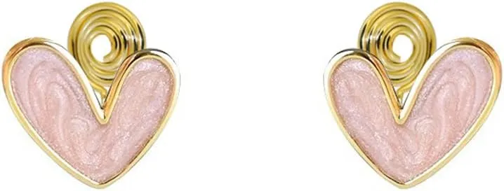 Clip on Pink Heart Small Fake Stud Earrings for Women Non Pierced Ears Cute Gold Plated Enamel Hearted Shaped Hypoallergenic Minimalist Tiny Studs Fashion Y2K Jewelry