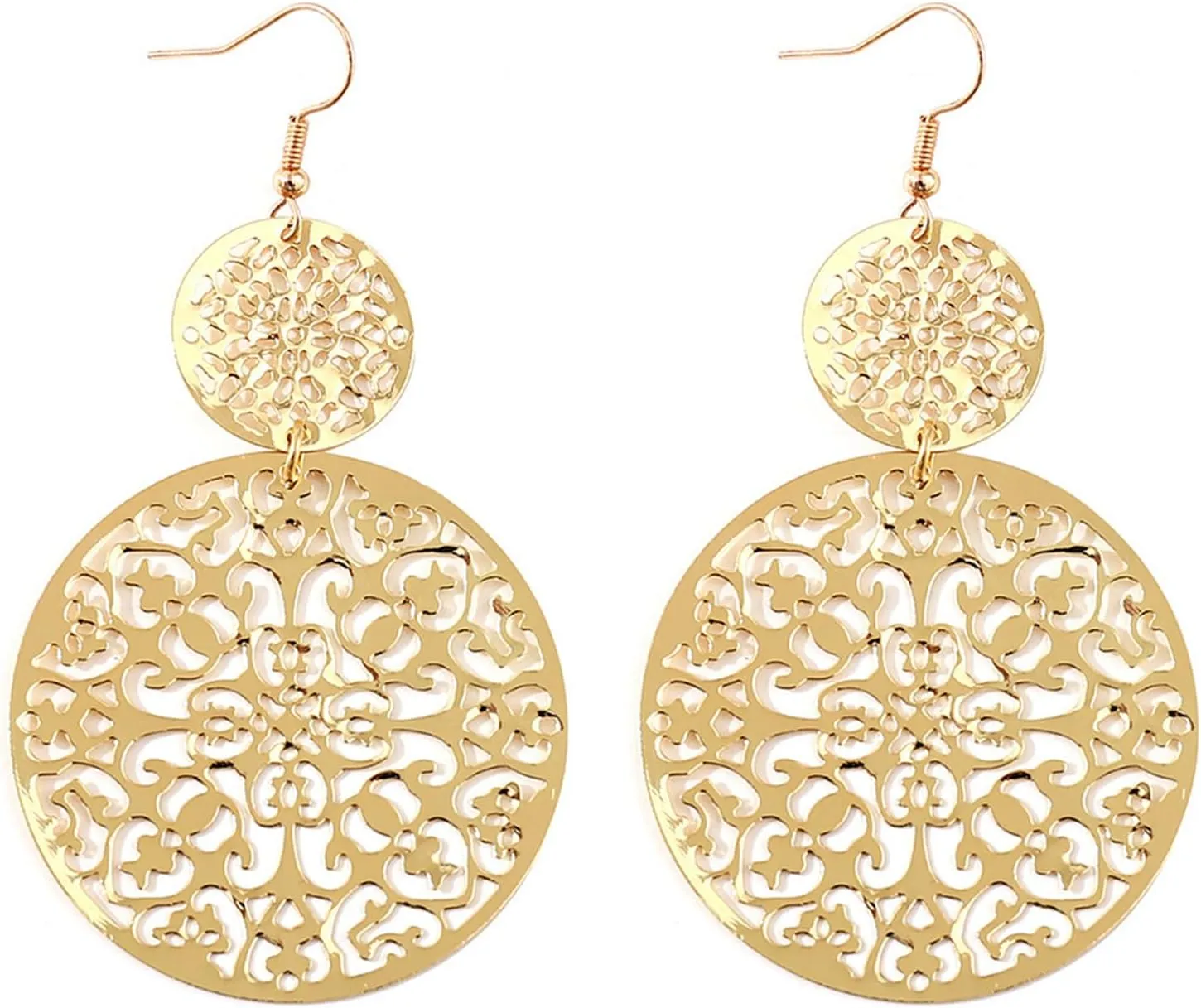 coadipress Boho Filigree Hollow Out Geometric Dangle Drop Earrings for Women Retro Double Round Disc Statement Metallic Cutout Metal Flower Large Earrings Ethnic Style Jewelry Gifts