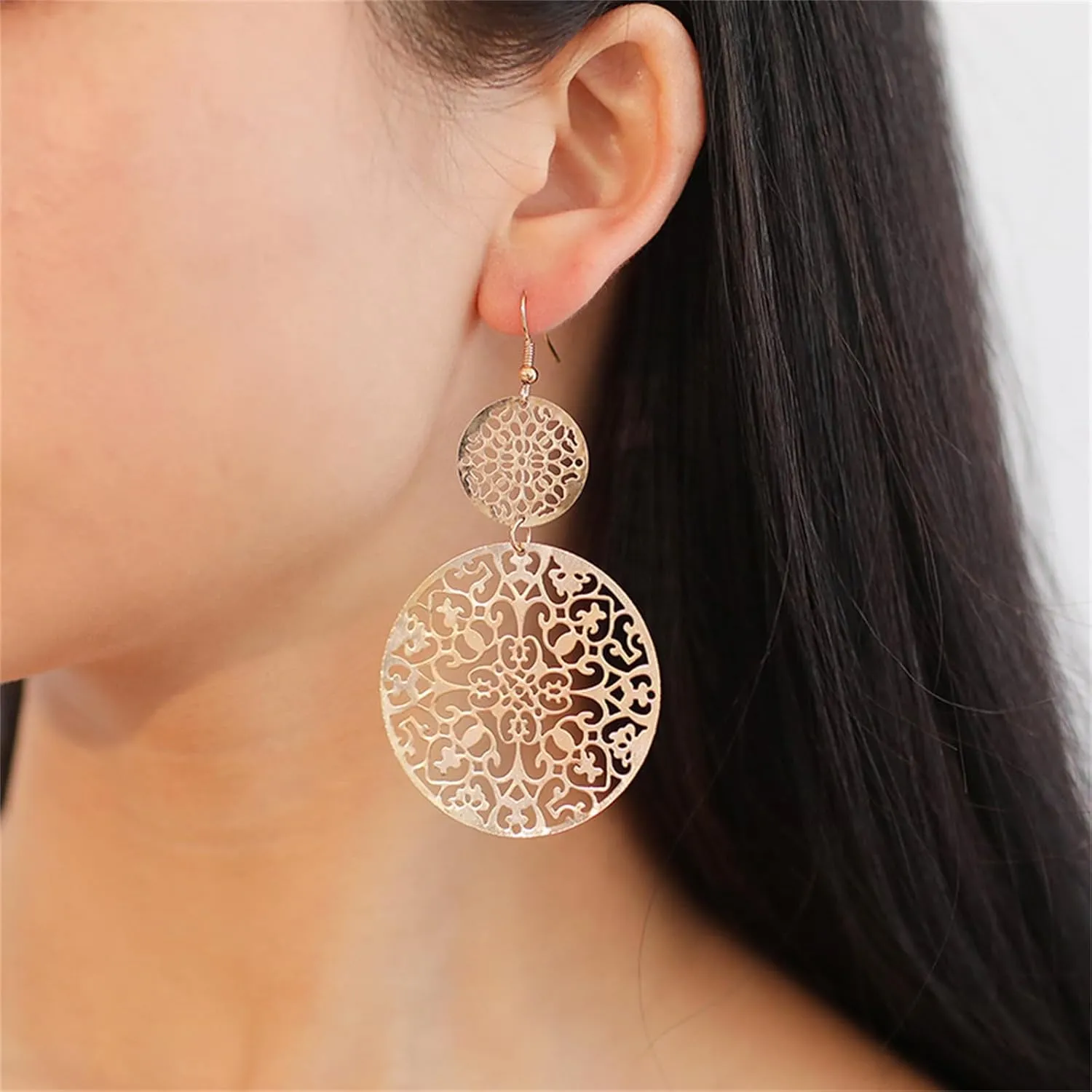 coadipress Boho Filigree Hollow Out Geometric Dangle Drop Earrings for Women Retro Double Round Disc Statement Metallic Cutout Metal Flower Large Earrings Ethnic Style Jewelry Gifts
