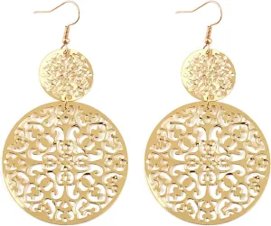 coadipress Boho Filigree Hollow Out Geometric Dangle Drop Earrings for Women Retro Double Round Disc Statement Metallic Cutout Metal Flower Large Earrings Ethnic Style Jewelry Gifts