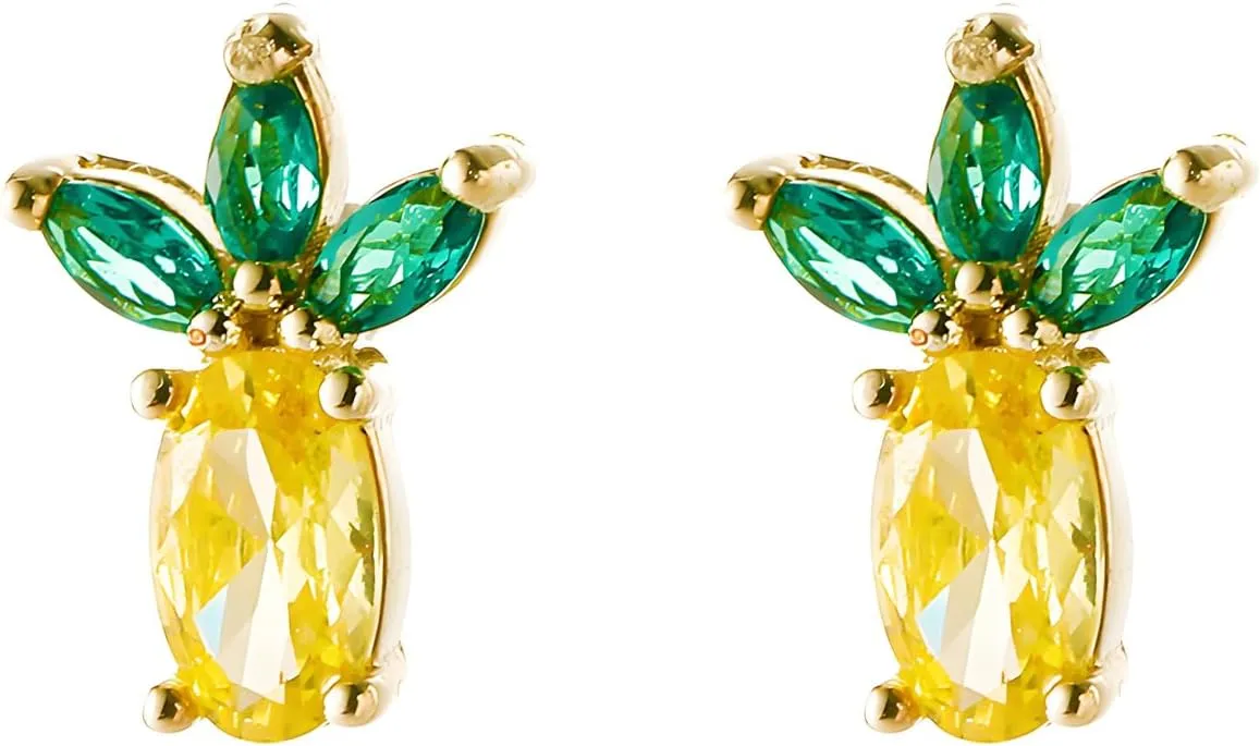 coadipress Lemon Stud Earrings for Women Delicate Fashion Unique 3D Fruit Tiny Pineapple Lemon Yellow Crystal Stud Earrings Hawaiian Summer Fruit Statement Jewelry