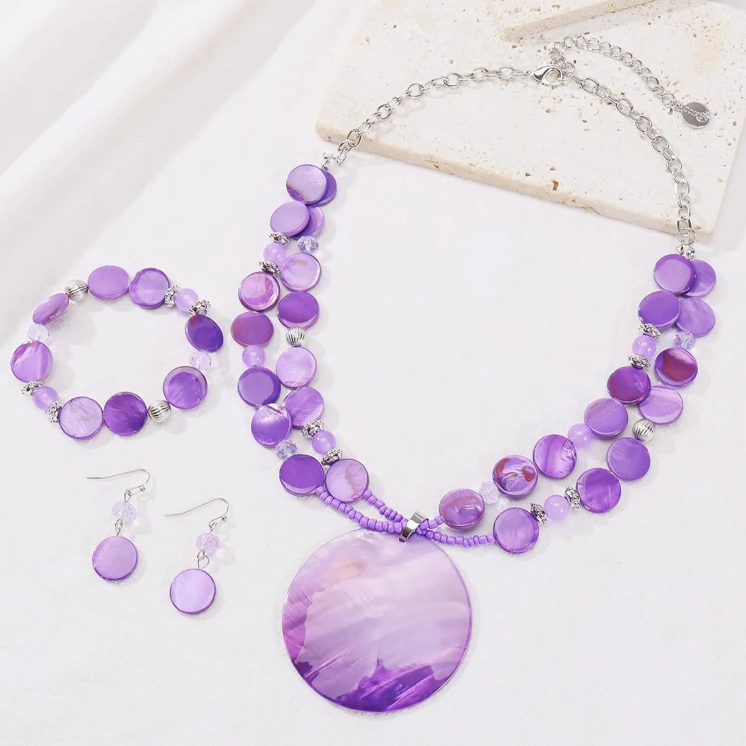 Coiris Layered Beads Statement Necklace for Women Gradient Colour Circle Shell Pendant Chunky Jewelry Set Costume Jewelry for Women