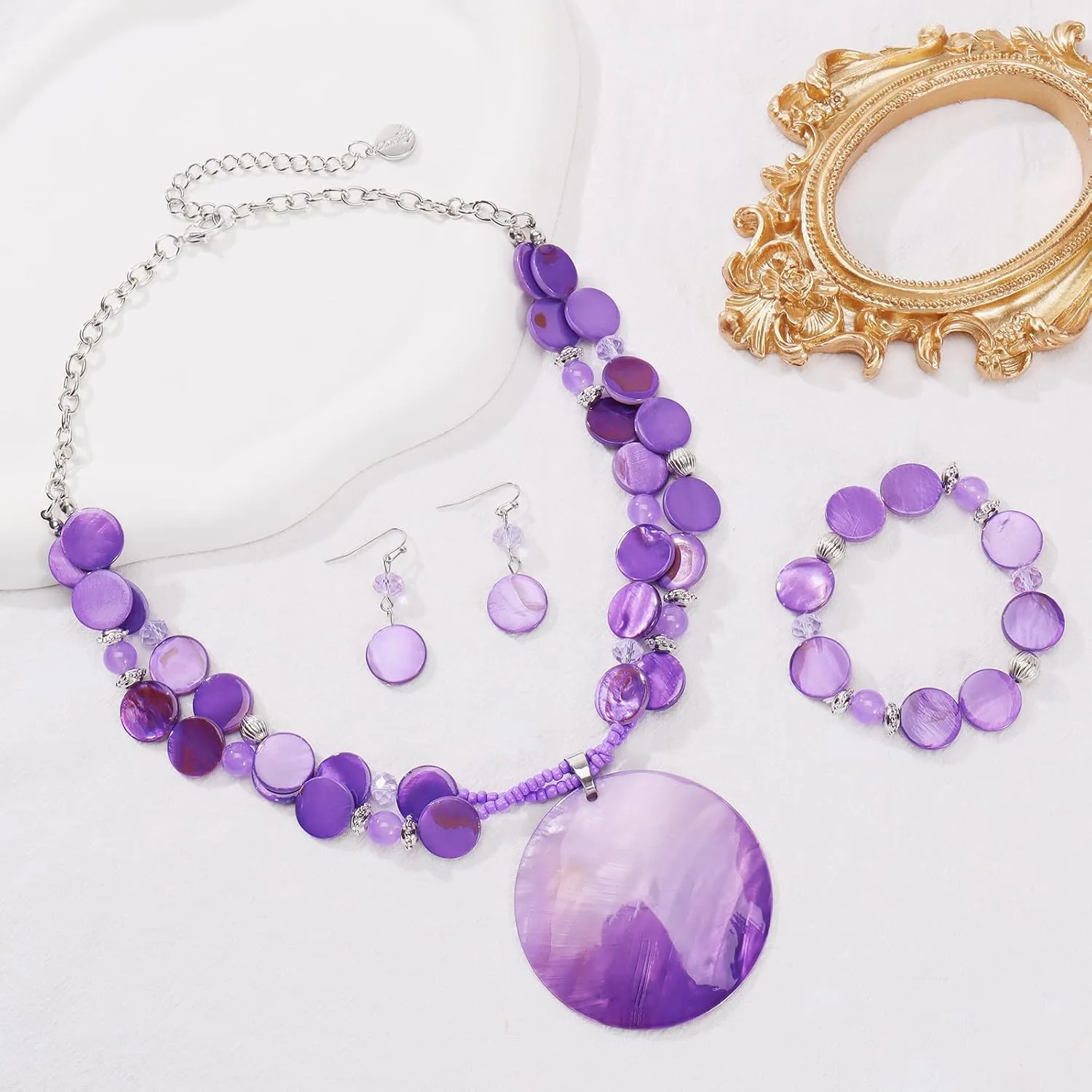 Coiris Layered Beads Statement Necklace for Women Gradient Colour Circle Shell Pendant Chunky Jewelry Set Costume Jewelry for Women