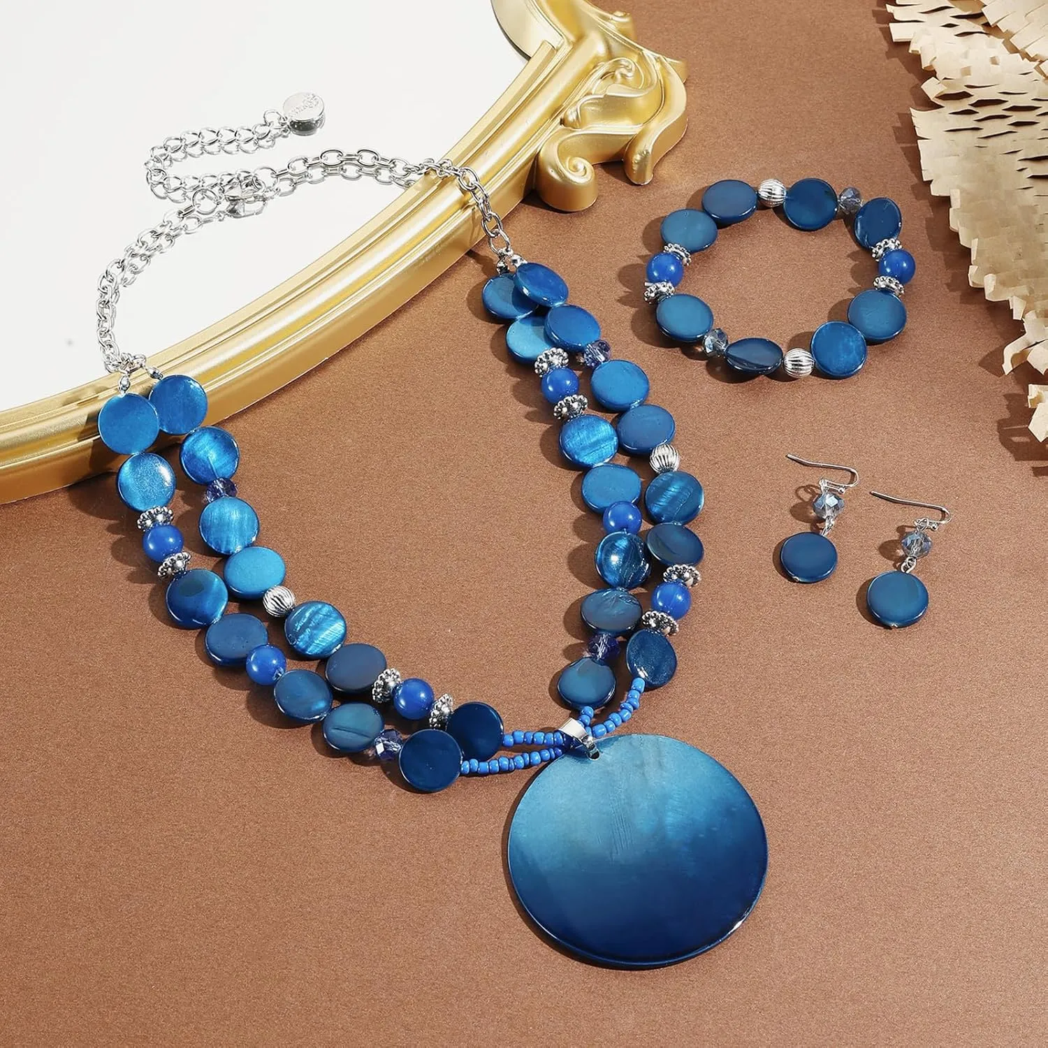 Coiris Layered Beads Statement Necklace for Women Gradient Colour Circle Shell Pendant Chunky Jewelry Set Costume Jewelry for Women