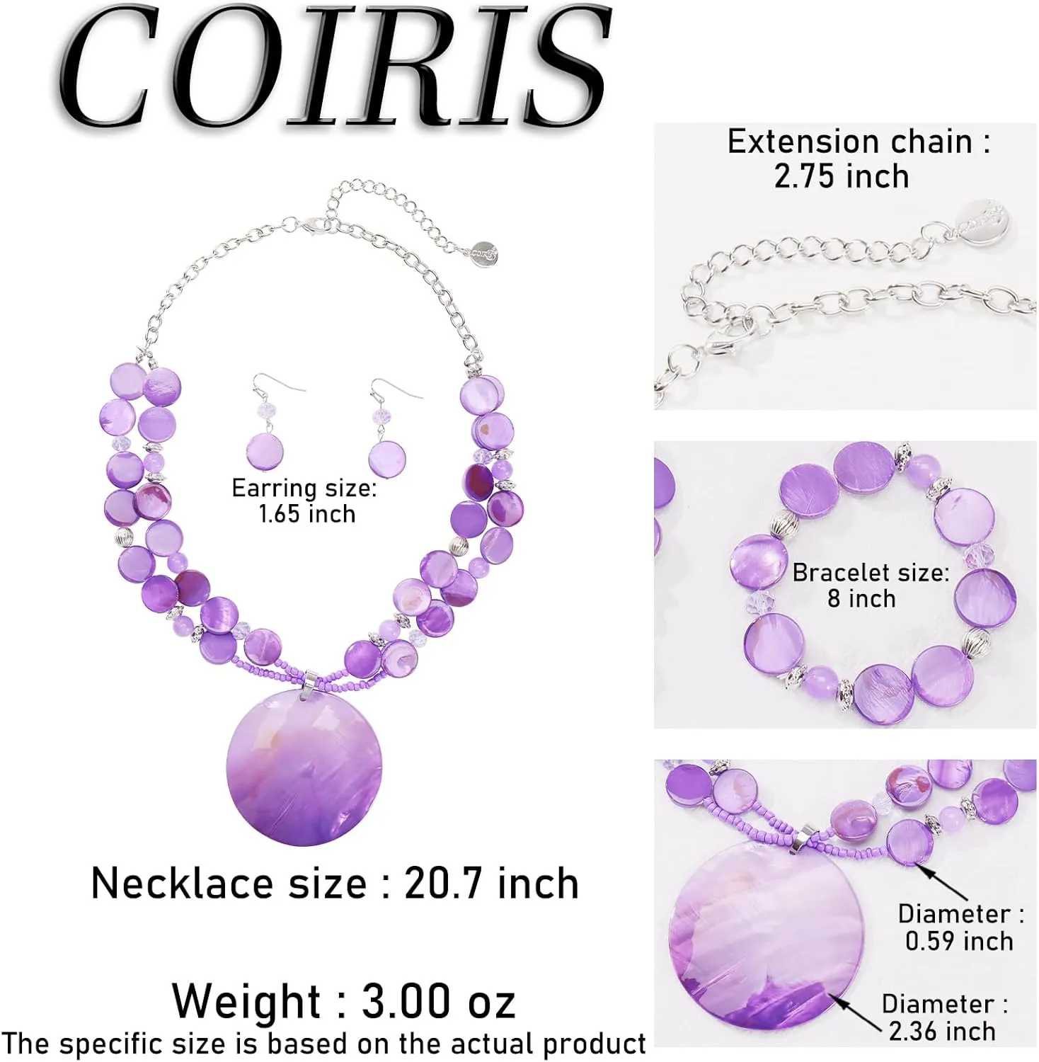 Coiris Layered Beads Statement Necklace for Women Gradient Colour Circle Shell Pendant Chunky Jewelry Set Costume Jewelry for Women