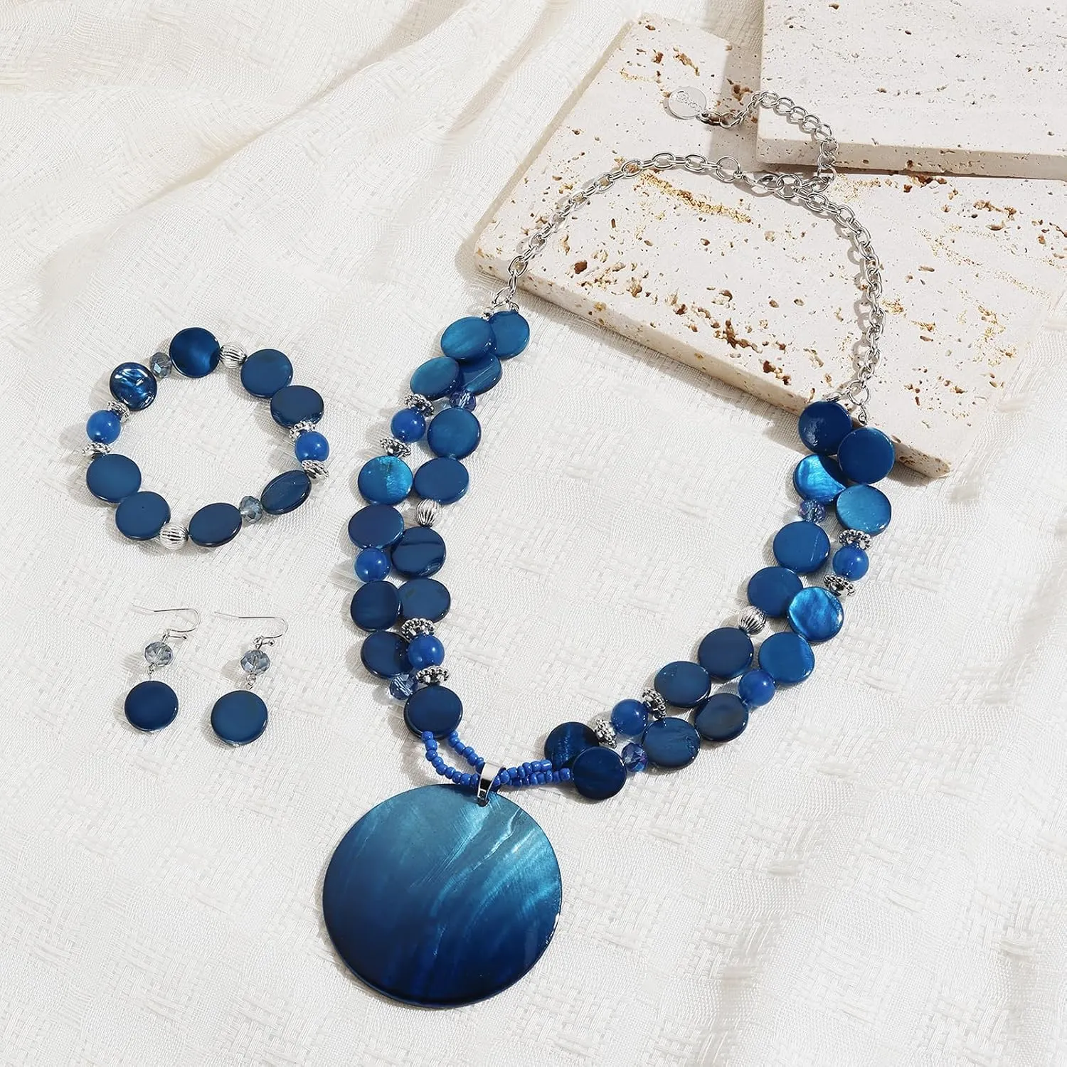Coiris Layered Beads Statement Necklace for Women Gradient Colour Circle Shell Pendant Chunky Jewelry Set Costume Jewelry for Women
