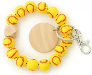 COLORFUL BLING Baseball Softball Charm Wristlet Keychain Wooden Beads Sports Keyring Athletes Homecoming Gift