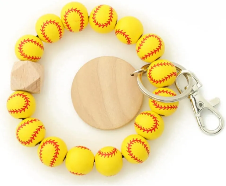 COLORFUL BLING Baseball Softball Charm Wristlet Keychain Wooden Beads Sports Keyring Athletes Homecoming Gift